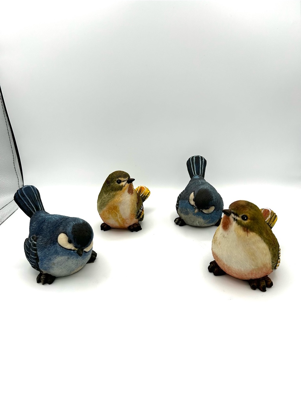 Set of 4 Small Bird Figurines Blue Bird & Sparrow Resin 5" Long 3.5" Wide